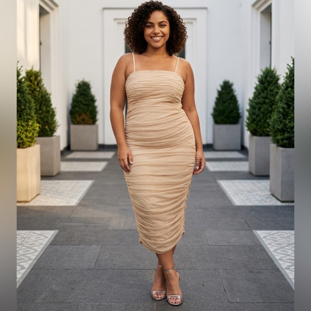 NWT Eloquii SZ 14 Ruched Nude Midi Dress with Spaghetti Straps/bust 40” flat